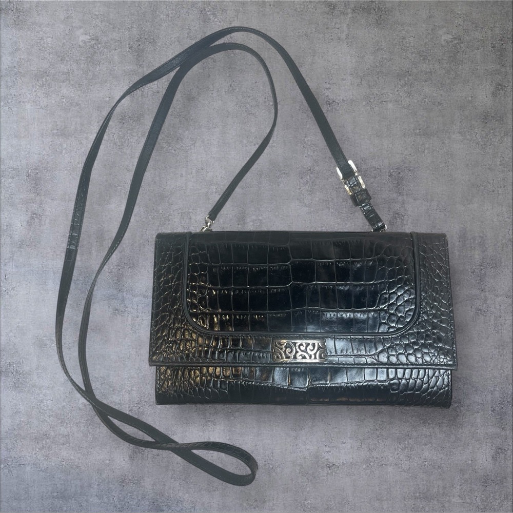 Brighton Black Embossed Leather Card Bag Crossbody Shoulder Travel Passport